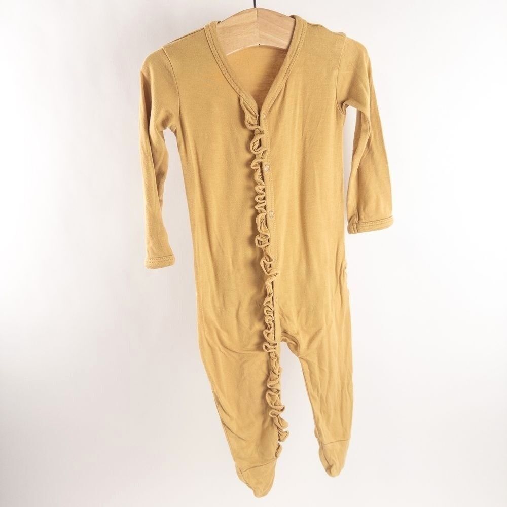 Spearmint Love Ruffle Romper Baby 3-6m Mustard Yellow Bamboo Footie